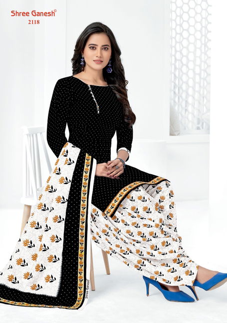 Shree Ganesh White And Black Printed Cotton Dress Material Catalog